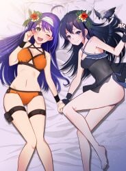 2girls azchemist bikini blue_eyes blue_hair fire_emblem fire_emblem:_path_of_radiance fire_emblem:_radiant_dawn fire_emblem_awakening fire_emblem_heroes flower_in_hair hairband holding_hands lucina_(fire_emblem) lucina_(summer)_(fire_emblem) medium_breasts mia_(fire_emblem) mia_(summer)_(fire_emblem) nintendo purple_hair small_breasts swimsuit