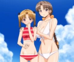 2girls big_breasts bikini blonde_hair blue_sky blush braid breasts brown_hair busty cleavage covering_mouth female female_only front-tie_bikini front-tie_top hair_ribbon highres kyoko_(sweet_home) large_breasts looking_at_viewer mature_female milf morobashi_kyouko moroboshi_kyouko multiple_girls navel purple_eyes ribbon risa_(sweet_home) screencap screenshot siblings sisters sky small_breasts smile stepmother stitched striped striped_bikini sweet_home swimsuit third-party_edit tomosato_risa twintails white_bikini