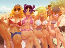 5girls abs areola_slip beach bench bikini blonde_hair breast_envy breasts brown_hair cleavage comic crossed_legs day eyewear_on_head female female_only grin highres history's_strongest_disciple_kenichi huge_breasts human kaname_kugatachi kisara_nanjo large_breasts long_hair miu_furinji multiple_girls navel o-ring o-ring_top open_mouth purple_eyes purple_hair rachel_stanley renka_ma short_hair short_shorts shorts sitting smile soumakyo sunglasses sweat swimsuit tan tanline toned