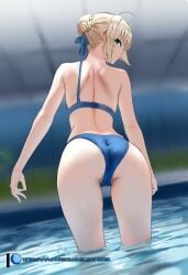 artoria_pendragon ass ass_focus blonde_hair fate_(series) female green_eyes silentpotara solo solo_female swimming_pool swimsuit tagme