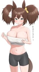 1girls artist_request big_breasts breasts brown_hair cleavage female female_focus female_only huge_breasts inari_one_(umamusume) large_breasts solo tail umamusume white_background