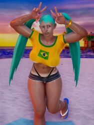 3d bare_midriff beach big_breasts brazilian_miku_(cosplay) breasts busty capcom crop_top ecchi_fighties female female_focus female_only hourglass_figure outdoors outside rainbow_mika street_fighter tagme tan tan_body tan_skin tanline underboob vocaloid wide_hips