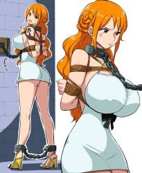 1girls angry_vein arms_tied_behind_back ass bondage braid breasts brick_wall brown_eyes chain_leash collar dress earrings female female_only gold_earrings high_heels large_breasts leash long_hair looking_at_viewer nami nami_(one_piece) one_piece orange_hair rebake rebake-1453 rope rope_bondage shibari_over_clothes white_dress