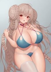 1girls absurdres ahoge azur_lane bangs big_bun bikini blue_bikini blush braid braided_bun breasts choker cleavage collarbone cowboy_shot criss-cross_halter double_bun eyebrows female formidable_(azur_lane) formidable_(the_lady_of_the_beach)_(azur_lane) gradient gradient_background grey_hair halterneck hand_on_own_chest highres holding holding_hair huge_breasts large_breasts light-skinned_female light_skin long_hair looking_at_viewer multi-strapped_bikini navel official_alternate_costume open_mouth pinkcap red_eyes royal_navy_(azur_lane) sidelocks silver_hair single_thighhigh solo string_bikini swimsuit thighhighs twin_braids very_long_hair white_legwear