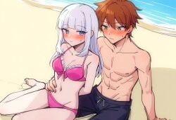 1boy 1girls :/ ai_generated akari_oborodzuka beach bikini black_eyebrows blossomtea blue_eyes blunt_bangs blush brown_hair canon_design civitai collarbone colored colored_sketch dot_nose eyebrows eyebrows_visible_through_hair eyelashes eyelashes_visible_through_hair genderswap_(ftm) green_eyes hands_on_back hands_on_waist long_hair mai_shishikusa masa_works_design navel oni_to_kitsune_no_hanashi pink_bikini rule_63 sand self_upload short_hair sketch slight_smile straight sweat sweatdrop sweating swimming_trunks swimsuit trunks_(clothing) tsurime water white_hair