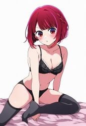 ai_assisted ai_generated arima_kana ass_visible_through_thighs bare_arms bare_belly bare_shoulders belly_button black_bra black_panties black_thighhighs black_underwear blush bra breasts cleavage collarbone feet jei_games medium_breasts oshi_no_ko panties parted_lips red_eyes red_hair short_hair sitting sweatdrop thighhighs thighs underwear underwear_only zettai_ryouiki