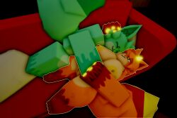 3d ambiguous_gender anthro big_breasts breasts couch cuddling fashui_(kaiju_paradise) feizao_(kaiju_paradise) female furry kaiju_paradise looking_at_partner ravenuwu roblox roblox_game self_upload sleeping_together tagme yellow_nipples yellow_pussy