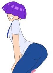 1boy 2024 aged_up artist_signature ass big_butt blinding_bangs blue_pants blue_tie butt_focus commission commissioner_upload digital_drawing_(artwork) digital_media_(artwork) flat_colors flirting flirty hair_covering_eyes imaranx male male_only purple_hair puyo_puyo ranxxxu sasaki_maguro short_hair simple_background smirk white_background white_shirt