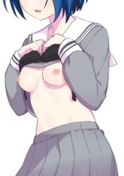 blue_hair bra_lift breasts_out eyes_out_of_frame female_focus kiritani_haruka light-skinned_female morisobo project_sekai school_uniform shirt_lift small_breasts white_background