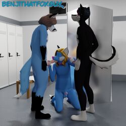 3d_(artwork) balls benji_silver blue_body blue_fur bodily_fluids canid canine chastity_cage chastity_device collar collar_only digital_media_(artwork) double_handjob fox fur genital_fluids genitals group group_sex hand_on_knot hand_on_penis handjob hi_res humanoid_genitalia humanoid_penis kneeling kneeling_oral_position knot leaking_precum locker locker_bench locker_room looking_pleasured male male/male male_penetrated male_penetrating male_penetrating_male mammal nude oral oral_penetration penetration penile penis plantigrade precum raised_tail sabre_silver samwusky sex signature standing submissive submissive_male threesome two_doms_one_sub vent white_body white_fur