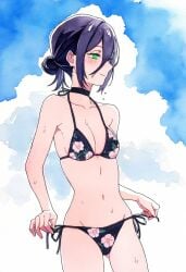 ai_assisted ai_generated ass_visible_through_thighs bare_arms bare_belly bare_legs bare_shoulders bare_thighs belly_button bikini blush breasts chainsaw_man cleavage closed_mouth collarbone flower_bikini green_eyes groin jei_games outdoors ponytail purple_hair reze_(chainsaw_man) short_hair side-tie_bikini_bottom sideboob small_breasts smile thighs wet_body