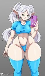 1girls ass_visible_through_thighs breasts cellphone clothing crop_top elf elf_female female female_only frieren green_eyes legwear navel painted_nails panties phone selfie shortstack small_breasts solo sousou_no_frieren thecon thick_thighs thighhighs white_hair wide_hips