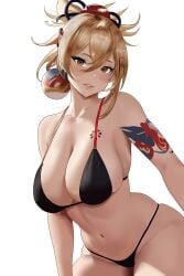 arm_tattoo bikini blonde_hair chest_tattoo curvy_female earrings genshin_impact hanging_breasts huge_breasts large_breasts natural_breasts perfect_body sensual streaked_hair tattoo yellow_eyes yoimiya_(genshin_impact) younger_female