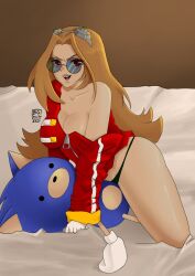 1girls ass bed bedroom bedroom_setting bigmilky black_panties blue-tinted_eyewear brown_hair cleavage dr._eggma’am dr._eggman female_focus genderswap genderswap_(mtf) glasses gloves goggles goggles_on_head grin jacket light-skinned_female long_hair open_clothes open_mouth plushie red_coat red_eyes red_jacket rule_63 sega sitting_on_bed smile sonic_(series) sonic_the_hedgehog sunglasses tagme thighs thong tinted_eyewear white_gloves