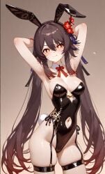 ai_generated arms_behind_head brown_hair bunny_ears bunny_girl bunny_tail bunnysuit genshin_impact girl hu_tao_(genshin_impact) long_hair red_eyes