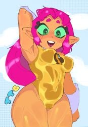 alien alien_girl breasts dc dc_comics green_eyes lady_legasus latex latex_stockings latex_thighhighs looking_at_viewer magnetstuff miniskirt patreon pussy red_hair smile starfire starfire_(teen_titans) stockings teen_titans teen_titans_go thick_thighs