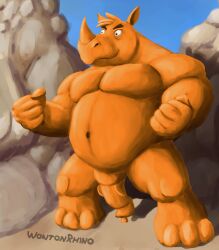 anatomically_correct anatomically_correct_genitalia anatomically_correct_penis animal_genitalia animal_penis anthro belly big_belly clay clay_creature desert detailed_background fist flexing genitals goo_creature hi_res horn male male_focus mammal moobs musclegut muscular navel nude_male orange_body orange_penis overweight overweight_male penis rhino_penis rhinoceros rock sky slightly_chubby slime smile solo wonton_(wontonrhino) wontonrhino