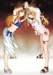 alice_schuberg alice_synthesis_thirty angry_face bikini catfight holding_hands interracial rivalry rivals sword_art_online wrestling yuuki_asuna