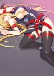 absurdres arm_belt belt black_panties blonde_hair blush breasts fate_testarossa fate_testarossa_(true_sonic_form) female highres large_breasts long_hair lying lyrical_nanoha mahou_shoujo_lyrical_nanoha_strikers mikazuki_akira! non-web_source open_clothes open_shirt panties red_belt red_eyes shirt solo thighhighs underwear very_long_hair