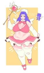 1girls bbw blue_hair blush breasts chubby cleavage curvy hat holding_object holding_staff holding_wand kafekafei long_hair love_handles magical_girl mature_female miniskirt puffy_sleeves skirt solo staff sweat text thighhighs underboob wand wings