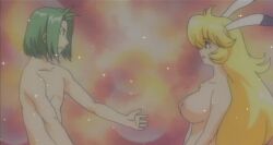 1boy 1girls blonde_hair bunny_ears bunny_girl green_hair naked naked_female naked_male nude nude_female nude_male open_arms pale-skinned_female pale-skinned_male rabbit_ears rabbit_girl romance romantic screencap screenshot sparkles sparkling_background usagi-chan_de_cue wholesome