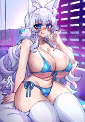 big_breasts bikini blue_eyes breasts heart-shaped_pupils huge_breasts indie_virtual_youtuber large_breasts lumi_(merryweather) merryweather osiimi sweat thick_thighs thighhighs virtual_youtuber white_hair wolf_girl wolf_tail