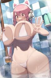 1girls against_glass big_breasts bikini blush breast_press breast_squeeze breasts_on_glass cat_ear_headphones cat_ears clothed clothed_female curvy embarrassed female female_only headphones huge_breasts long_hair magister_(bigbakunyuu) navel nitroplus non-nude open_mouth pink_hair red_eyes shower smile solo standing super_sonico thick_thighs thighhighs underwear wet white_bikini white_panties white_underwear wide_hips