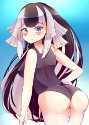 big_breasts black_hair blue_eyes blue_lips fuyuko_(monster_girl_island) hand_on_hip long_hair looking_back lowres monster_girl monster_girl_island presenting_hindquarters swimsuit thick_thighs white_hair yuki_onna