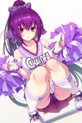 cheerleader_uniform emanon123 fate/grand_order fate_(series) hair_ribbon panty_shot pom_pom_(cheerleading) purple_eyes purple_hair scathach_(fate) wristbands