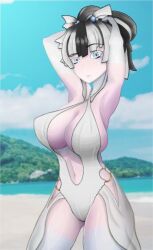 beach big_breasts black_hair blue_eyes blue_lips fuyuko_(monster_girl_island) hands_behind_head looking_at_viewer lowres monster_girl monster_girl_island standing swimsuit thick_thighs white_hair yuki_onna