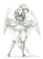 2022 anthro baron_engel bottomwear breasts clothed clothing clothing_lift cutie_mark equid equine eyebrows feathered_wings feathers female fluttershy_(mlp) friendship_is_magic genitals graphite_(artwork) greyscale hair hi_res hooves legwear looking_at_viewer maid_uniform mammal monochrome my_little_pony no_underwear pegasus pencil_(artwork) pussy skirt skirt_lift solo straight_hair traditional_media_(artwork) unguligrade_anthro uniform wings