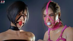 2girls 3d 3d_(artwork) ada_wong ada_wong_(adriana) ball_gag bdsm black_hair blue_eyes bondage bondage_gear bondage_harness brown_eyes brown_hair capcom choker claire_redfield collar drooling drslumpx female female_only femsub gag gagged harness harness_ball_gag harness_gag latex latex_choker leather multiple_girls multiple_subs red_ball_gag resident_evil resident_evil_2 resident_evil_2_remake submissive_female white_ball_gag