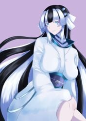 big_breasts black_hair blue_eyes blue_lips fuyuko_(monster_girl_island) kimono lowres monster_girl monster_girl_island white_hair yuki_onna