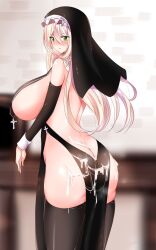 areolae ass ass_cleavage blonde_hair blush breasts butt_crack cleavage cum cum_on_ass female green_eyes highres huge_breasts kishi_(artist) long_hair nun original secilia_(kishi) sideboob solo thighhighs underboob