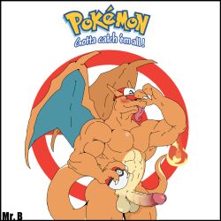 anthro balls bara big_penis charizard clothing erection fire flaming_tail genitals hat headgear headwear humanoid_genitalia humanoid_penis male mostly_nude mr._brapion muscular muscular_male nintendo penis pokémon_(species) pokeball pokemon pokemon_(species) scalie solo video_games wings