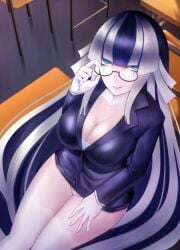 big_breasts black_hair black_jacket blue_eyes blue_lips classroom fuyuko_(monster_girl_island) glasses long_hair looking_at_viewer looking_up lowres monster_girl monster_girl_island panties smiling suit thick_thighs white_hair yuki_onna