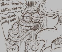 2022 amphibia amphibia_(series) amphibian anthro arched_back blush bodily_fluids breasts bukkake cum cum_on_breasts cum_on_face disney dxt91 erect_nipples female general_yunan genital_fluids genitals hair hand_on_balls heart hi_res kneeling long_tongue looking_pleasured male male/female markings monochrome narrowed_eyes newt nipples non-mammal_breasts open_mouth open_smile oral penis salamander_(amphibian) sex shaking smile smooth_skin speech_bubble spots spotted_markings spotted_tail squint tail_markings text tongue tongue_out tonguejob trembling yunan