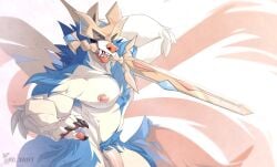 anthro balls bara blue_body blue_fur canid canine claws fangs flaccid fur genitals hi_res humanoid_genitalia humanoid_penis legendary_pokémon male male_only mammal melee_weapon muscular muscular_male nintendo nipples no_swift pecs penis pink_nose pokémon_(species) pokemon solo sword video_games weapon white_body white_fur zacian