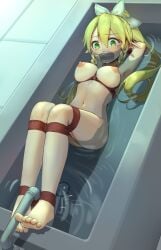 1girls arms_behind_head barefoot bathtub blonde_hair bondage bound bound_ankles bound_arms bound_legs breasts drowning eyebrows_visible_through_hair feet feet_together female gag gagged green_eyes hair_between_eyes in_water kirigaya_suguha leafa long_hair looking_at_viewer lying naked navel nipples nude nude_female on_back partially_submerged peril pointy_ears predicament_bondage restrained rope rope_between_breasts rope_bondage scared solo solo_female sword_art_online tape_gag taped_mouth tears tied tied_up toes water water_torture xiaomu314