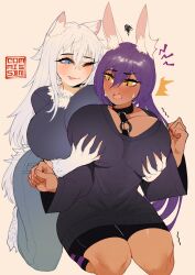 2022 2girls animal_ears blue_eyes clothed clothing dog_ears duo duo_focus female female_focus female_only groping groping_breasts groping_from_behind long_hair looking_at_another looking_back purple_hair rabbit_ears seductive seductive_look seductive_smile uni_(oni_unicorn) white_hair yellow_eyes yuri