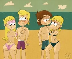 2boys 2girls aged_up ass ass_cleavage beach big_ass bikini blonde_hair blush blushing breasts brown_hair butt_crack female lana_loud lola_loud male multiple_boys multiple_girls older shy sisters skippy_(the_loud_house) sweat sweating swimsuit the_loud_house weavillain winston_(the_loud_house)