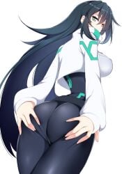 ass ass_grab bangs belt big_ass black_bodysuit black_hair bodysuit bodysuit_and_jacket bodysuit_under_clothes breasts cropped_jacket expressionless female from_behind from_below fully_clothed grabbing_own_ass green_eyes gundam gundam_build_divers gundam_build_divers_re:rise hair_between_eyes highres jacket kippuru large_breasts long_hair long_sleeves looking_at_viewer looking_back loose_belt may_(gundam_build_divers_re:rise) simple_background solo spread_ass spread_ass_under_clothes very_long_hair white_background white_jacket