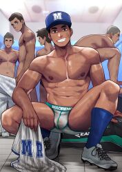 5boys baseball baseball_cap baseball_uniform briefs briefs_only bulge cleats cocky gay group jock_slut legs_apart locker_room looking_at_viewer looking_down looking_down_at_viewer low-angle_view male male_only male_underwear maorenc muscular muscular_male pov pov_eye_contact smile smiling_at_viewer smirk smirking_at_viewer socks socks_and_shoes solo_focus sports_uniform sportswear standing_over_viewer sweat sweatdrop tanned tanned_male tanned_skin underwear underwear_only undressing