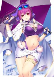 bikini blush busty emanon123 fate/grand_order fate_(series) hair_ribbon miniskirt parasol purple_eyes purple_hair race_queen scathach_(fate) shoulder_cape