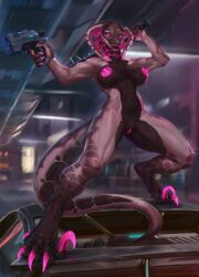 absurd_res anthro biped breasts claws cobra female genitals gun hi_res navel nipple_piercing nipples non-mammal_breasts non-mammal_navel non-mammal_nipples nude piercing pussy ranged_weapon reptile rose_(deathhydra) scalie silgiriya_mantsugosi snake snake_hood solo weapon