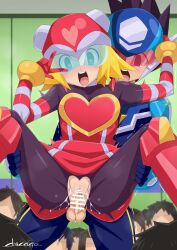 1boy 1girls blonde_hair blue-tinted_eyewear bodysuit capcom chicago-x clothed clothed_sex dress geo_stelar harp_note heart-shaped_pupils mega_man mega_man_star_force open_mouth penis public_sex pussy reverse_suspended_congress rockman ryuusei_no_rockman sex small_breasts sonia_strumm spread_legs standing_sex straight tagme tinted_eyewear torn_clothes v vaginal_penetration visor