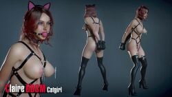 3d 3d_(artwork) animal_ears arms_behind_back ball_gag bdsm bell bell_collar bondage bondage_gear bondage_harness bondage_mittens bondage_outfit boots bound bound_wrists breasts brown_hair capcom cat_ears catgirl catgirl_costume claire_redfield collar drool drool_on_chest drooling drslumpx elbow_gloves fake_ears female female_only femsub gag gagged harness heels heterochromia high_heel_boots high_heels latex latex_gloves latex_stockings latex_thighhighs leather leather_boots leather_harness naked_boots naked_footwear nipple_clamps nipples nude resident_evil resident_evil_2 resident_evil_2_remake solo solo_female stockings submissive_female thighhighs wrist_cuffs