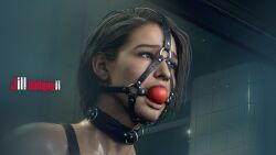 3d 3d_(artwork) ball_gag bondage bondage_gear bound bound_arms brown_eyes brown_hair capcom collar drslumpx female female_only femsub gag gagged harness harness_ball_gag harness_gag jill_valentine jill_valentine_(sasha_zotova) leather looking_away resident_evil resident_evil_3 resident_evil_3_remake solo solo_female submissive_female