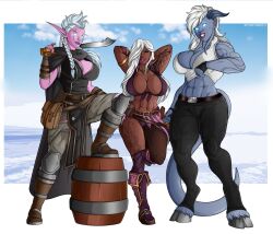 3girls artist_name barrel big_ass big_breasts big_hips black_skin blue_skin clothed draenei eclipse_(oc) elf elf_ears elf_female hooves human_(warcraft) large_ass large_breasts multiple_girls muscular_female night_elf ocean planktonheretic posing posing_with_weapon purple_eyes silver_hair sky sword thick_thighs wide_hips world_of_warcraft