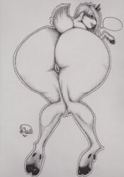 absurd_res anthro ba_(character) bent_over black_and_white bovid caprine female genitals goat hi_res hooves horizontal_pupils ink looking_at_viewer mammal monochrome pupils pussy solo speech_bubble squishymare traditional_media_(artwork)